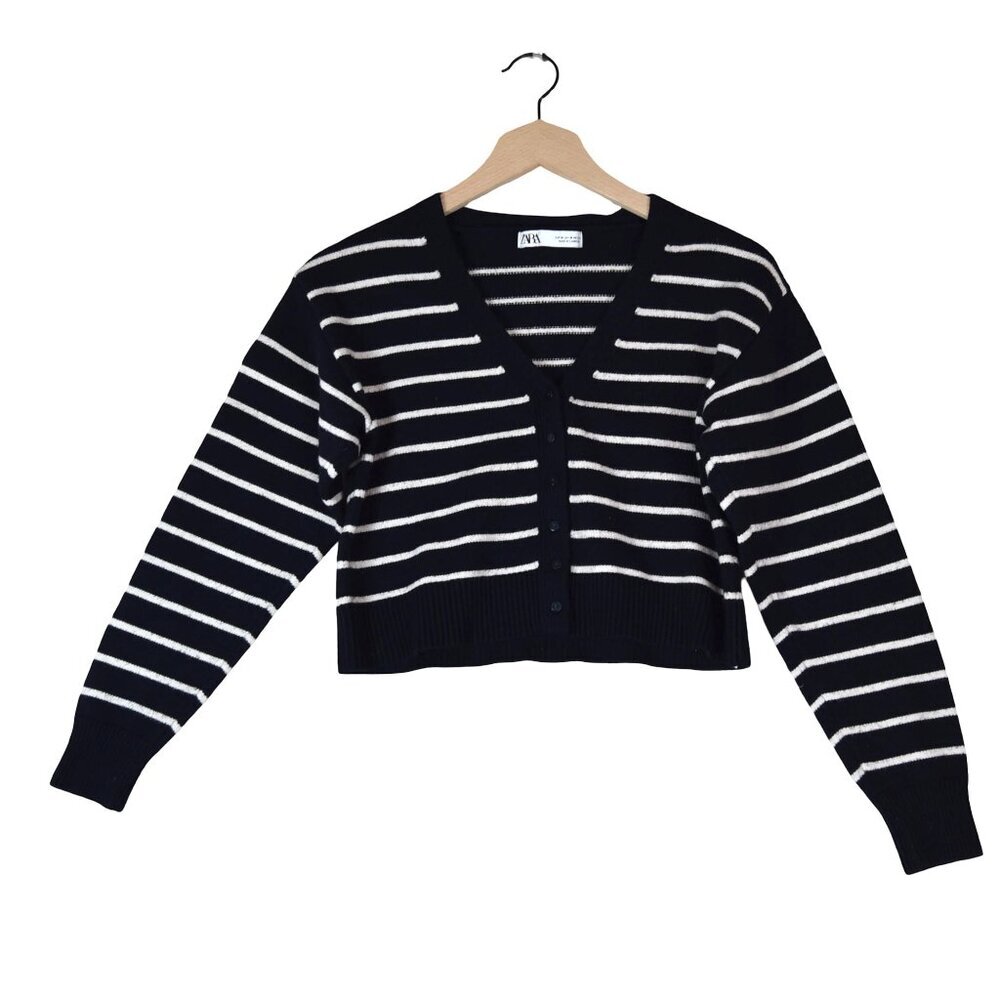 Zara Navy & White Striped Cropped V-Neck Sweater - Picture 2 of 7